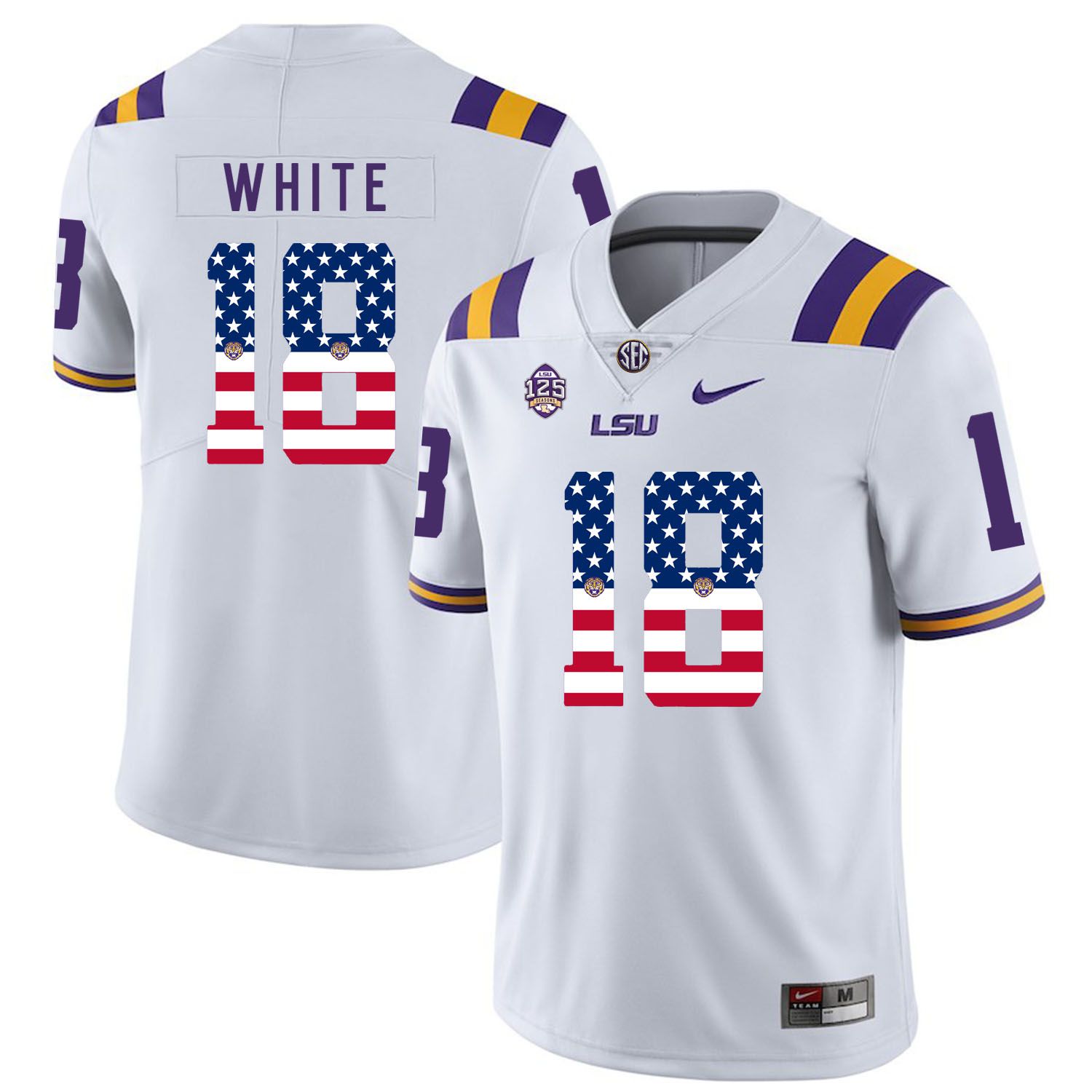Men LSU Tigers 18 White White Flag Customized NCAA Jerseys
